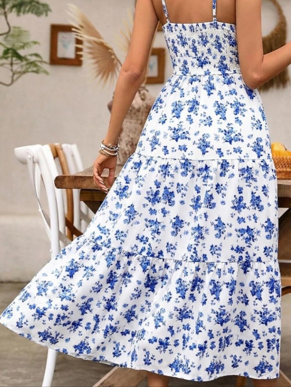 Blue Floral Smocked Maxi Dress with Side Slit XL (16-18) - Picture 5 of 5
